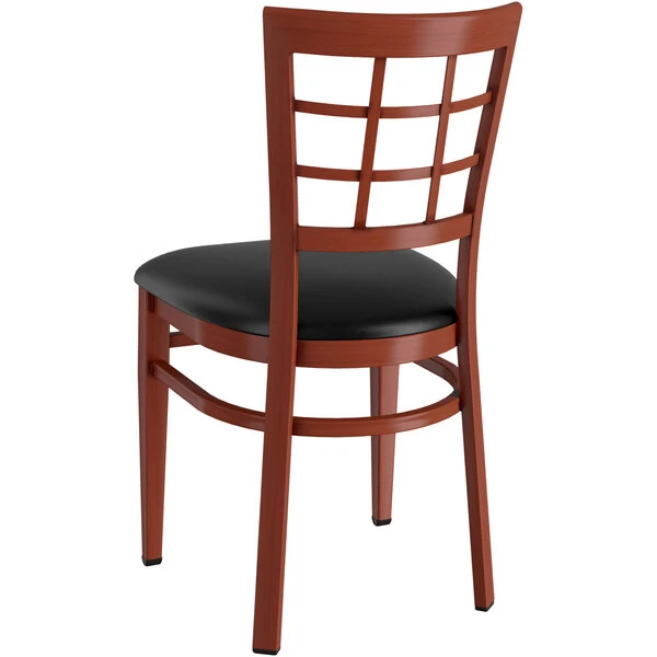 LT&S Spartan Series Lancaster Table & Seating Spartan Series Metal Window Back Chair With Mahogany Wood Grain Finish And Black Vinyl Seat 3 LT&S Spartan Series Lancaster Table & Seating Spartan Series Metal Window Back Chair With Mahogany Wood Grain Finish And Black Vinyl Seat - Image 3