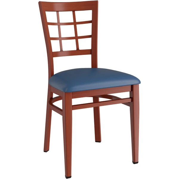 LT&S Spartan Series Lancaster Table & Seating Spartan Series Metal Window Back Chair With Mahogany Wood Grain Finish And Navy Vinyl Seat 2 LT&S Spartan Series Lancaster Table & Seating Spartan Series Metal Window Back Chair With Mahogany Wood Grain Finish And Navy Vinyl Seat - Image 2