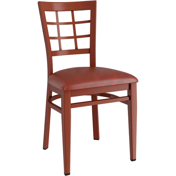 LT&S Spartan Series Lancaster Table & Seating Spartan Series Metal Window Back Chair With Mahogany Wood Grain Finish And Burgundy Vinyl Seat 2 LT&S Spartan Series Lancaster Table & Seating Spartan Series Metal Window Back Chair With Mahogany Wood Grain Finish And Burgundy Vinyl Seat - Image 2
