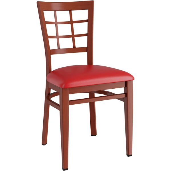 LT&S Spartan Series Lancaster Table & Seating Spartan Series Metal Window Back Chair With Mahogany Wood Grain Finish And Red Vinyl Seat 2 LT&S Spartan Series Lancaster Table & Seating Spartan Series Metal Window Back Chair With Mahogany Wood Grain Finish And Red Vinyl Seat - Image 2