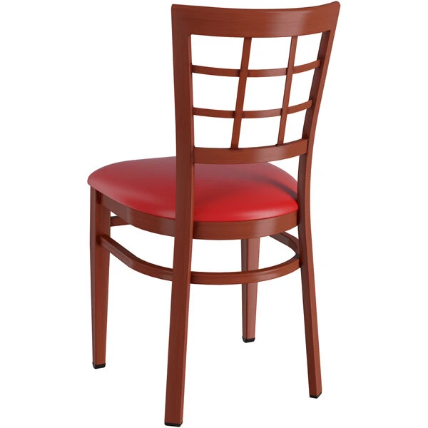 LT&S Spartan Series Lancaster Table & Seating Spartan Series Metal Window Back Chair With Mahogany Wood Grain Finish And Red Vinyl Seat 3 LT&S Spartan Series Lancaster Table & Seating Spartan Series Metal Window Back Chair With Mahogany Wood Grain Finish And Red Vinyl Seat - Image 3
