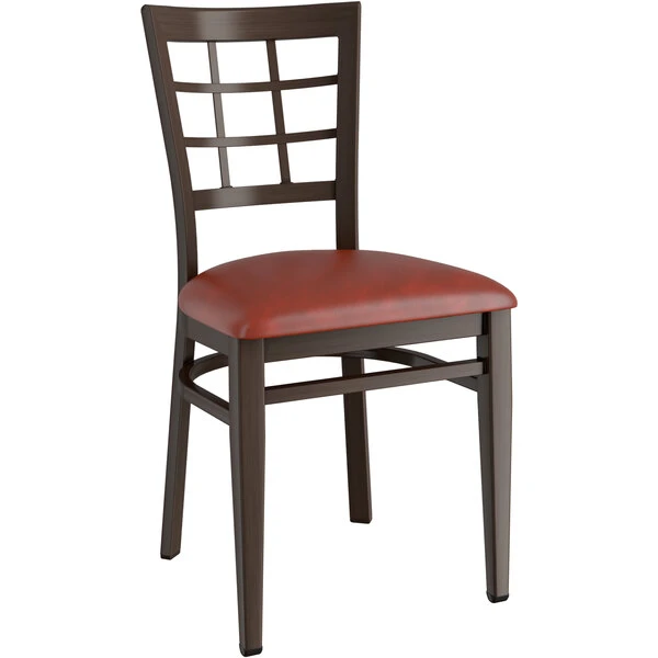 LT&S Spartan Series Lancaster Table & Seating Spartan Series Metal Window Back Chair With Walnut Wood Grain Finish And Burgundy Vinyl Seat 2 LT&S Spartan Series Lancaster Table & Seating Spartan Series Metal Window Back Chair With Walnut Wood Grain Finish And Burgundy Vinyl Seat - Image 2