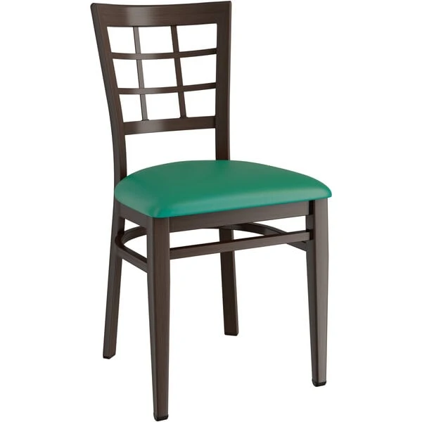 LT&S Spartan Series Lancaster Table & Seating Spartan Series Metal Window Back Chair With Walnut Wood Grain Finish And Green Vinyl Seat 2 LT&S Spartan Series Lancaster Table & Seating Spartan Series Metal Window Back Chair With Walnut Wood Grain Finish And Green Vinyl Seat - Image 2