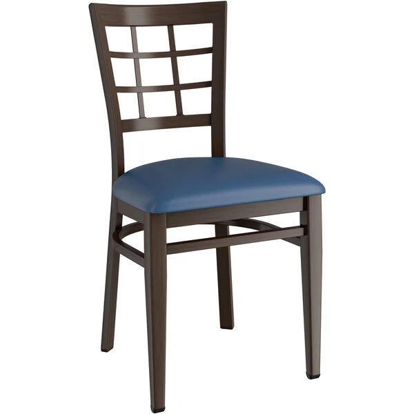 LT&S Spartan Series Lancaster Table & Seating Spartan Series Metal Window Back Chair With Walnut Wood Grain Finish And Navy Vinyl Seat 2 LT&S Spartan Series Lancaster Table & Seating Spartan Series Metal Window Back Chair With Walnut Wood Grain Finish And Navy Vinyl Seat - Image 2