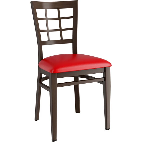 LT&S Spartan Series Lancaster Table & Seating Spartan Series Metal Window Back Chair With Walnut Wood Grain Finish And Red Vinyl Seat 2 LT&S Spartan Series Lancaster Table & Seating Spartan Series Metal Window Back Chair With Walnut Wood Grain Finish And Red Vinyl Seat - Image 2