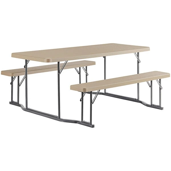 Lancaster Table & Seating 30" X 71" Rectangular Brown Faux Wood Folding Picnic Table With Attached Benches 2 Lancaster Table & Seating 30" X 71" Rectangular Brown Faux Wood Folding Picnic Table With Attached Benches - Image 2