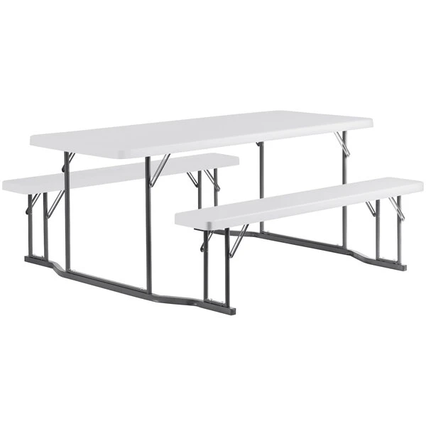 Lancaster Table & Seating 30" X 71" Rectangular White Plastic Folding Picnic Table With Attached Benches 2 Lancaster Table & Seating 30" X 71" Rectangular White Plastic Folding Picnic Table With Attached Benches - Image 2