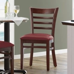 Lancaster Table & Seating Mahogany Finish Wooden Ladder Back Chair With 2 1/2" Burgundy Padded Seat
