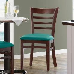 Lancaster Table & Seating Mahogany Finish Wooden Ladder Back Chair With 2 1/2" Green Padded Seat