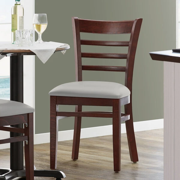 Lancaster Table & Seating Mahogany Finish Wooden Ladder Back Chair With Light Gray Padded Seat 1 Lancaster Table & Seating Mahogany Finish Wooden Ladder Back Chair With Light Gray Padded Seat