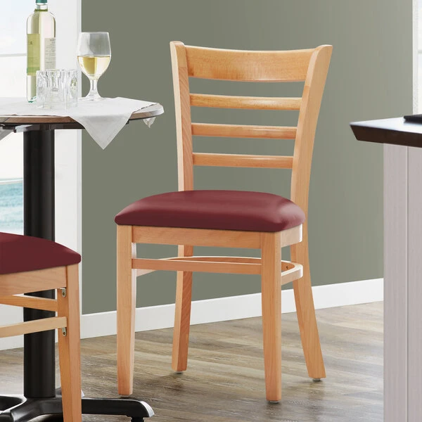 Lancaster Table & Seating Natural Finish Wooden Ladder Back Chair With 2 1/2" Burgundy Padded Seat 1 Lancaster Table & Seating Natural Finish Wooden Ladder Back Chair With 2 1/2" Burgundy Padded Seat