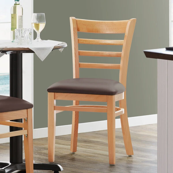 Lancaster Table & Seating Natural Finish Wooden Ladder Back Chair With 2 1/2" Dark Brown Padded Seat 1 Lancaster Table & Seating Natural Finish Wooden Ladder Back Chair With 2 1/2" Dark Brown Padded Seat