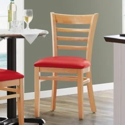 Lancaster Table & Seating Natural Finish Wooden Ladder Back Chair With 2 1/2" Red Padded Seat