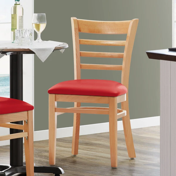 Lancaster Table & Seating Natural Finish Wooden Ladder Back Chair With 2 1/2" Red Padded Seat 1 Lancaster Table & Seating Natural Finish Wooden Ladder Back Chair With 2 1/2" Red Padded Seat