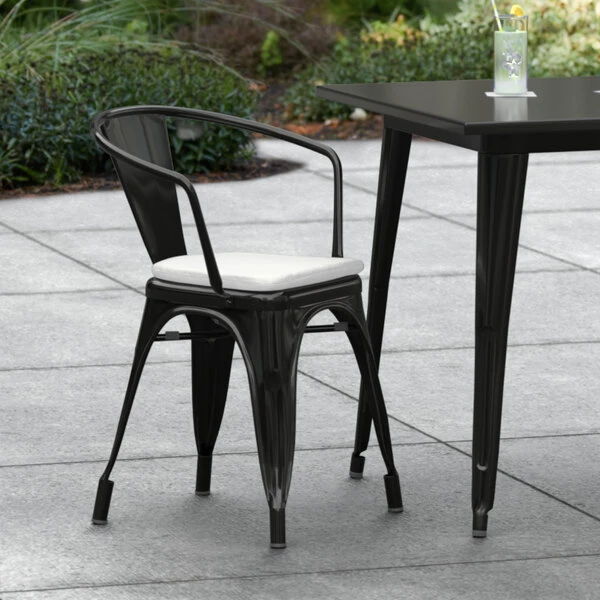 LT&S Alloy Series Lancaster Table & Seating Alloy Series Black Stackable Metal Indoor / Outdoor Industrial Cafe Arm Chair With Gray Fabric Magnetic Cushion 1 LT&S Alloy Series Lancaster Table & Seating Alloy Series Black Stackable Metal Indoor / Outdoor Industrial Cafe Arm Chair With Gray Fabric Magnetic Cushion