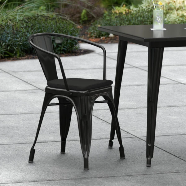 LT&S Alloy Series Lancaster Table & Seating Alloy Series Black Stackable Metal Indoor / Outdoor Industrial Cafe Arm Chair With Black Fabric Magnetic Cushion 1 LT&S Alloy Series Lancaster Table & Seating Alloy Series Black Stackable Metal Indoor / Outdoor Industrial Cafe Arm Chair With Black Fabric Magnetic Cushion