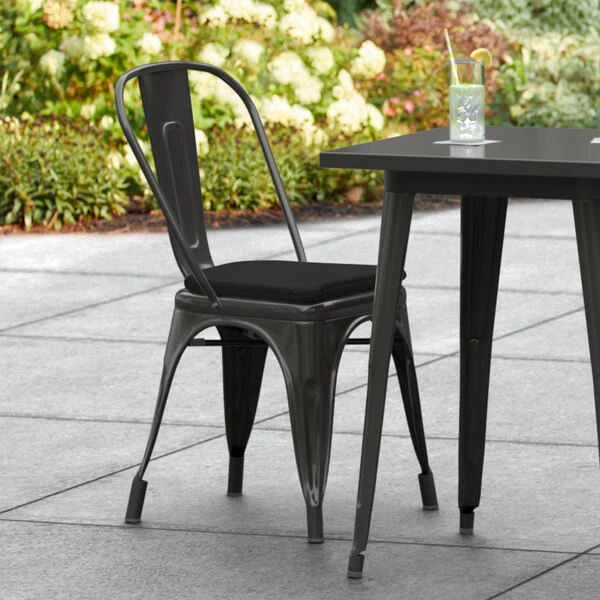 LT&S Alloy Series Lancaster Table & Seating Alloy Series Black Stackable Metal Indoor / Outdoor Industrial Cafe Chair With Vertical Slat Back And Black Fabric Magnetic Cushion 1 LT&S Alloy Series Lancaster Table & Seating Alloy Series Black Stackable Metal Indoor / Outdoor Industrial Cafe Chair With Vertical Slat Back And Black Fabric Magnetic Cushion