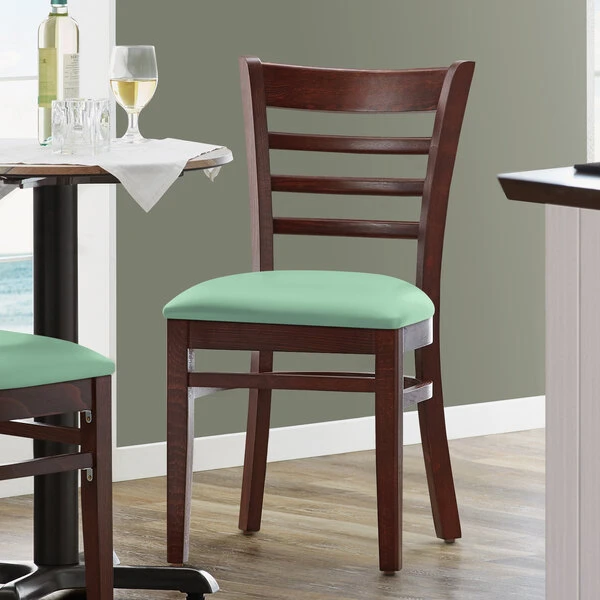 Lancaster Table & Seating Mahogany Finish Wooden Ladder Back Chair With Seafoam Padded Seat 1 Lancaster Table & Seating Mahogany Finish Wooden Ladder Back Chair With Seafoam Padded Seat