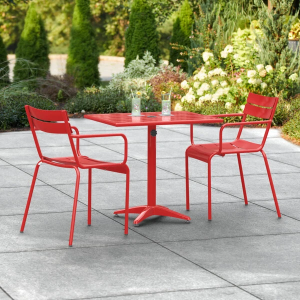 Lancaster Table & Seating 24" X 32" Red Powder-Coated Aluminum Dining Height Outdoor Table With Umbrella Hole And 2 Arm Chairs 1 Lancaster Table & Seating 24" X 32" Red Powder-Coated Aluminum Dining Height Outdoor Table With Umbrella Hole And 2 Arm Chairs