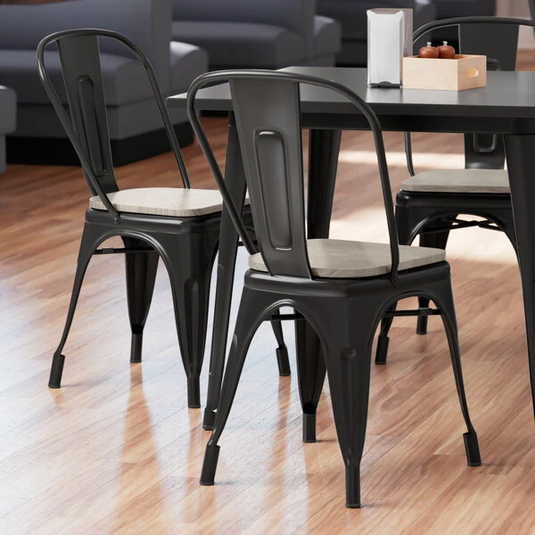 LT&S Alloy Series Lancaster Table & Seating Alloy Series Black Metal Indoor Industrial Cafe Chair With Vertical Slat Back And Gray Wood Seat 1 LT&S Alloy Series Lancaster Table & Seating Alloy Series Black Metal Indoor Industrial Cafe Chair With Vertical Slat Back And Gray Wood Seat