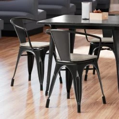 LT&S Alloy Series Lancaster Table & Seating Alloy Series Distressed Black Metal Indoor Industrial Cafe Arm Chair With Vertical Slat Back And Gray Wood Seat