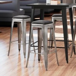 LT&S Alloy Series Lancaster Table & Seating Alloy Series Clear Coat Metal Indoor Barstool With Black Vinyl Cushion