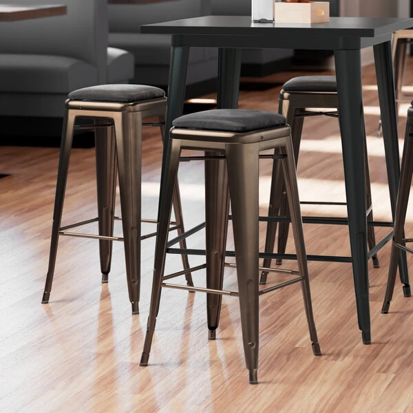 LT&S Alloy Series Lancaster Table & Seating Alloy Series Copper Metal Indoor Barstool With Black Vinyl Cushion 1 LT&S Alloy Series Lancaster Table & Seating Alloy Series Copper Metal Indoor Barstool With Black Vinyl Cushion