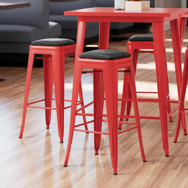 LT&S Alloy Series Lancaster Table & Seating Alloy Series Red Metal Indoor Barstool With Black Vinyl Cushion 1 LT&S Alloy Series Lancaster Table & Seating Alloy Series Red Metal Indoor Barstool With Black Vinyl Cushion