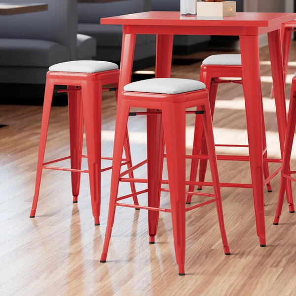LT&S Alloy Series Lancaster Table & Seating Alloy Series Red Metal Indoor Barstool With White Vinyl Cushion 1 LT&S Alloy Series Lancaster Table & Seating Alloy Series Red Metal Indoor Barstool With White Vinyl Cushion