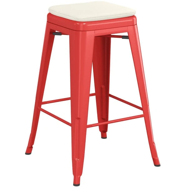 LT&S Alloy Series Lancaster Table & Seating Alloy Series Red Stackable Metal Indoor / Outdoor Industrial Cafe Counter Height Stool With Tan Fabric Magnetic Cushion 2 LT&S Alloy Series Lancaster Table & Seating Alloy Series Red Stackable Metal Indoor / Outdoor Industrial Cafe Counter Height Stool With Tan Fabric Magnetic Cushion - Image 2