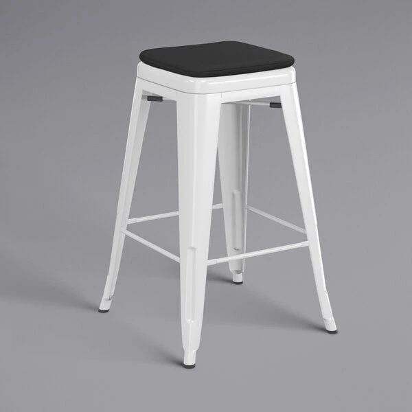 LT&S Alloy Series Lancaster Table & Seating Alloy Series White Stackable Metal Indoor / Outdoor Industrial Cafe Counter Height Stool With Black Fabric Magnetic Cushion 2 LT&S Alloy Series Lancaster Table & Seating Alloy Series White Stackable Metal Indoor / Outdoor Industrial Cafe Counter Height Stool With Black Fabric Magnetic Cushion - Image 2