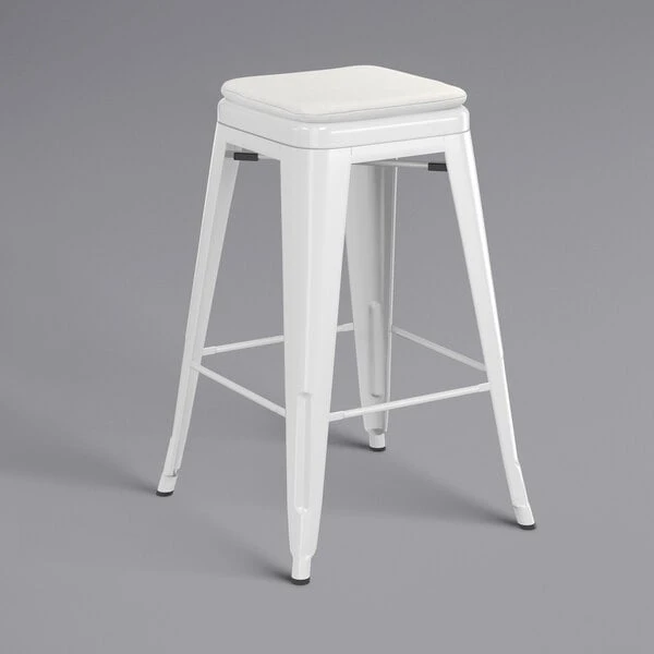 LT&S Alloy Series Lancaster Table & Seating Alloy Series White Stackable Metal Indoor / Outdoor Industrial Cafe Counter Height Stool With Gray Fabric Magnetic Cushion 2 LT&S Alloy Series Lancaster Table & Seating Alloy Series White Stackable Metal Indoor / Outdoor Industrial Cafe Counter Height Stool With Gray Fabric Magnetic Cushion - Image 2