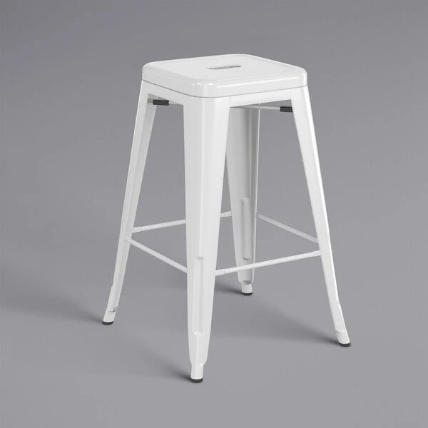 LT&S Alloy Series Lancaster Table & Seating Alloy Series White Stackable Metal Indoor / Outdoor Industrial Cafe Counter Height Stool With Gray Fabric Magnetic Cushion 3 LT&S Alloy Series Lancaster Table & Seating Alloy Series White Stackable Metal Indoor / Outdoor Industrial Cafe Counter Height Stool With Gray Fabric Magnetic Cushion - Image 3