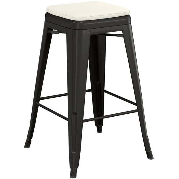 LT&S Alloy Series Lancaster Table & Seating Alloy Series Black Stackable Metal Indoor / Outdoor Industrial Cafe Counter Height Stool With Tan Fabric Magnetic Cushion 2 LT&S Alloy Series Lancaster Table & Seating Alloy Series Black Stackable Metal Indoor / Outdoor Industrial Cafe Counter Height Stool With Tan Fabric Magnetic Cushion - Image 2