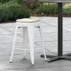 LT&S Alloy Series Lancaster Table & Seating Alloy Series White Stackable Metal Indoor / Outdoor Industrial Cafe Counter Height Stool With Tan Fabric Magnetic Cushion