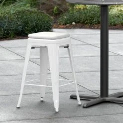 LT&S Alloy Series Lancaster Table & Seating Alloy Series White Stackable Metal Indoor / Outdoor Industrial Cafe Counter Height Stool With Gray Fabric Magnetic Cushion