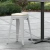 LT&S Alloy Series Lancaster Table & Seating Alloy Series Silver Stackable Metal Indoor / Outdoor Industrial Cafe Counter Height Stool With Tan Fabric Magnetic Cushion