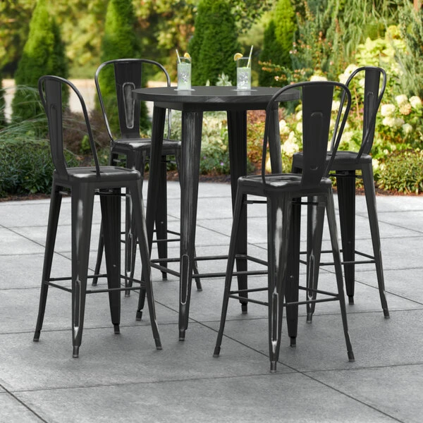 LT&S Alloy Series Lancaster Table & Seating Alloy Series 30" Round Distressed Black Outdoor Bar Height Table With 4 Metal Cafe Bar Stools 1 LT&S Alloy Series Lancaster Table & Seating Alloy Series 30" Round Distressed Black Outdoor Bar Height Table With 4 Metal Cafe Bar Stools