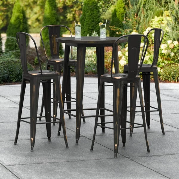 LT&S Alloy Series Lancaster Table & Seating Alloy Series 30" Round Distressed Copper Outdoor Bar Height Table With 4 Metal Cafe Bar Stools 1 LT&S Alloy Series Lancaster Table & Seating Alloy Series 30" Round Distressed Copper Outdoor Bar Height Table With 4 Metal Cafe Bar Stools