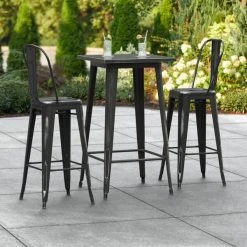 LT&S Alloy Series Lancaster Table & Seating Alloy Series 24" X 24" Distressed Black Outdoor Bar Height Table With 2 Metal Cafe Bar Stools