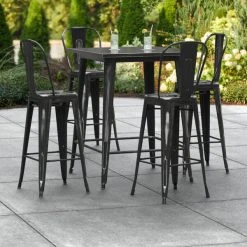 LT&S Alloy Series Lancaster Table & Seating Alloy Series 32" X 32" Distressed Black Outdoor Bar Height Table With 4 Metal Cafe Bar Stools