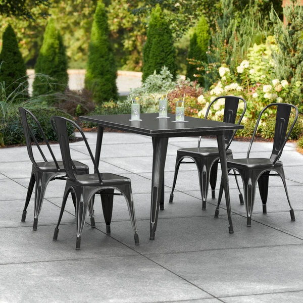 LT&S Alloy Series Lancaster Table & Seating Alloy Series 48" X 30" Distressed Black Dining Height Outdoor Table With 4 Industrial Cafe Chairs 1 LT&S Alloy Series Lancaster Table & Seating Alloy Series 48" X 30" Distressed Black Dining Height Outdoor Table With 4 Industrial Cafe Chairs