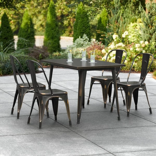 LT&S Alloy Series Lancaster Table & Seating Alloy Series 48" X 30" Distressed Copper Dining Height Outdoor Table With 4 Industrial Cafe Chairs 1 LT&S Alloy Series Lancaster Table & Seating Alloy Series 48" X 30" Distressed Copper Dining Height Outdoor Table With 4 Industrial Cafe Chairs