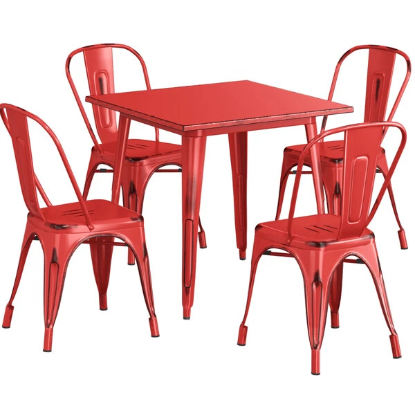 LT&S Alloy Series Lancaster Table & Seating Alloy Series 32" X 32" Distressed Red Dining Height Outdoor Table With 4 Industrial Cafe Chairs 2 LT&S Alloy Series Lancaster Table & Seating Alloy Series 32" X 32" Distressed Red Dining Height Outdoor Table With 4 Industrial Cafe Chairs - Image 2