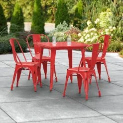 LT&S Alloy Series Lancaster Table & Seating Alloy Series 32" X 32" Distressed Red Dining Height Outdoor Table With 4 Industrial Cafe Chairs