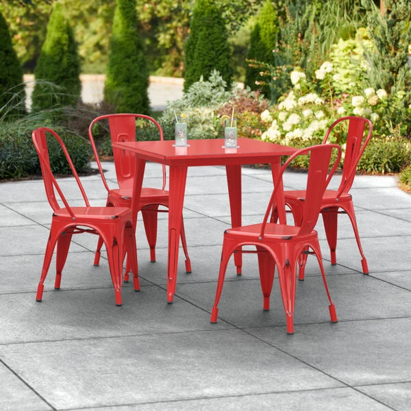 LT&S Alloy Series Lancaster Table & Seating Alloy Series 32" X 32" Distressed Red Dining Height Outdoor Table With 4 Industrial Cafe Chairs 1 LT&S Alloy Series Lancaster Table & Seating Alloy Series 32" X 32" Distressed Red Dining Height Outdoor Table With 4 Industrial Cafe Chairs