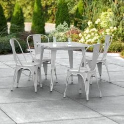 LT&S Alloy Series Lancaster Table & Seating Alloy Series 32" X 32" Distressed Silver Dining Height Outdoor Table With 4 Industrial Cafe Chairs