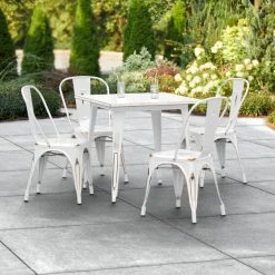 LT&S Alloy Series Lancaster Table & Seating Alloy Series 32" X 32" Distressed White Dining Height Outdoor Table With 4 Industrial Cafe Chairs