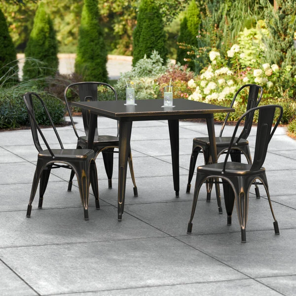 LT&S Alloy Series Lancaster Table & Seating Alloy Series 36" X 36" Square Distressed Copper Dining Height Outdoor Table With 4 Industrial Cafe Chairs 1 LT&S Alloy Series Lancaster Table & Seating Alloy Series 36" X 36" Square Distressed Copper Dining Height Outdoor Table With 4 Industrial Cafe Chairs