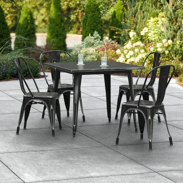 LT&S Alloy Series Lancaster Table & Seating Alloy Series 36" X 36" Square Distressed Black Dining Height Outdoor Table With 4 Industrial Cafe Chairs 1 LT&S Alloy Series Lancaster Table & Seating Alloy Series 36" X 36" Square Distressed Black Dining Height Outdoor Table With 4 Industrial Cafe Chairs